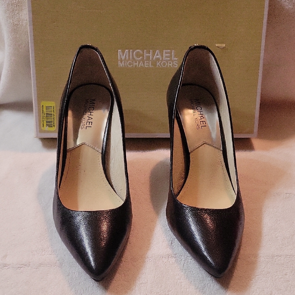 Michael Kors Black Leather Heels with Pointed Toe In Original Box